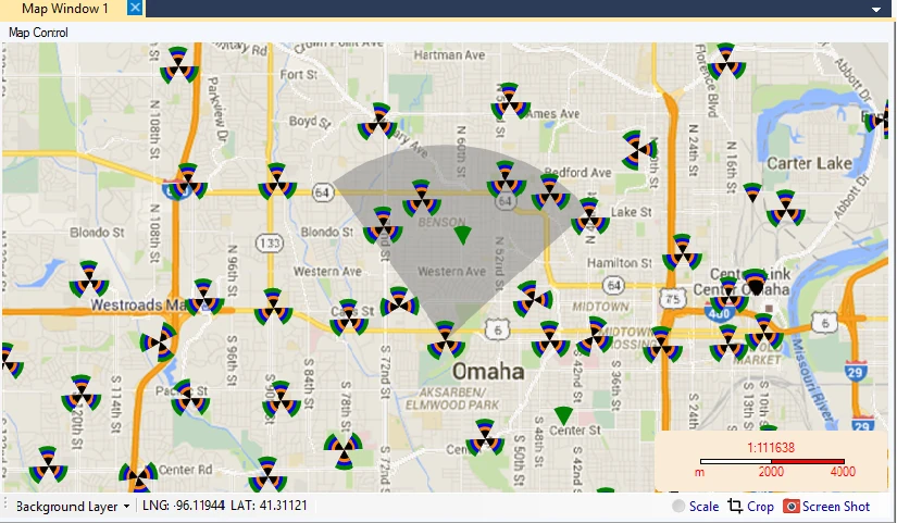 Tracer reference map showing sites, sector directions and network coverage