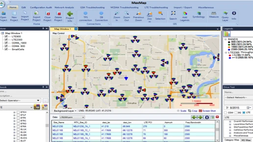 Historical MaxMap interface showing network sectors and a cell-detail table